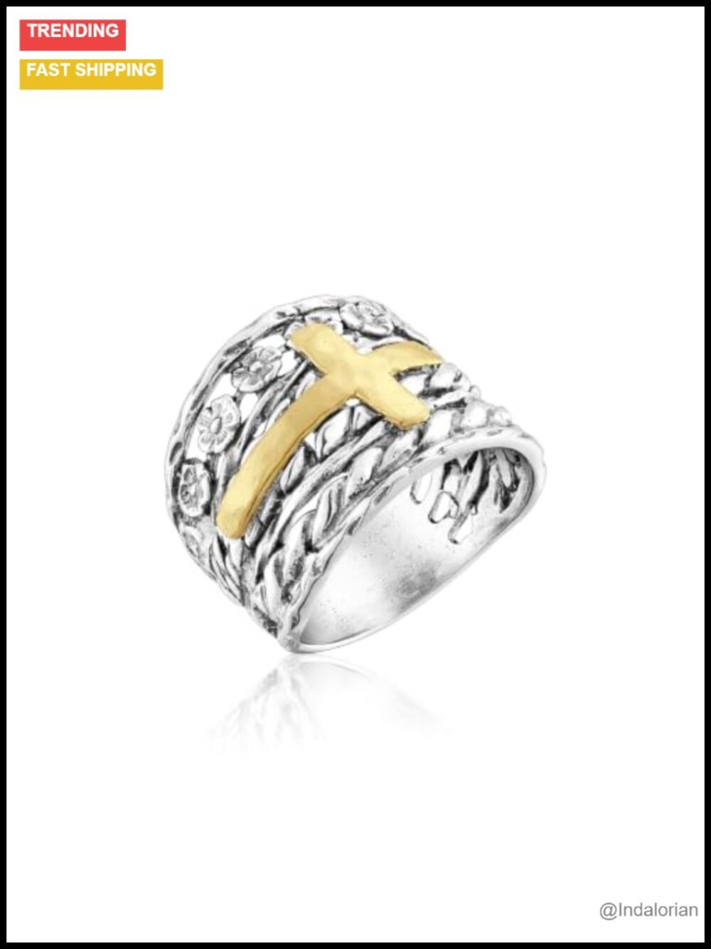 925 Sterling Silver Mixed Metal Cross Ring Two-Tone Textured Wide Hammered